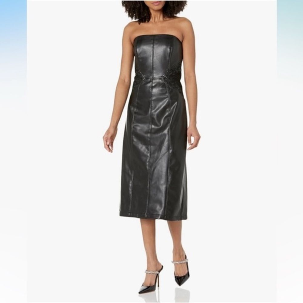 Shoshanna Merlot Black Faux Leather Strapless Midi Dress Lace Cocktail NWT 6